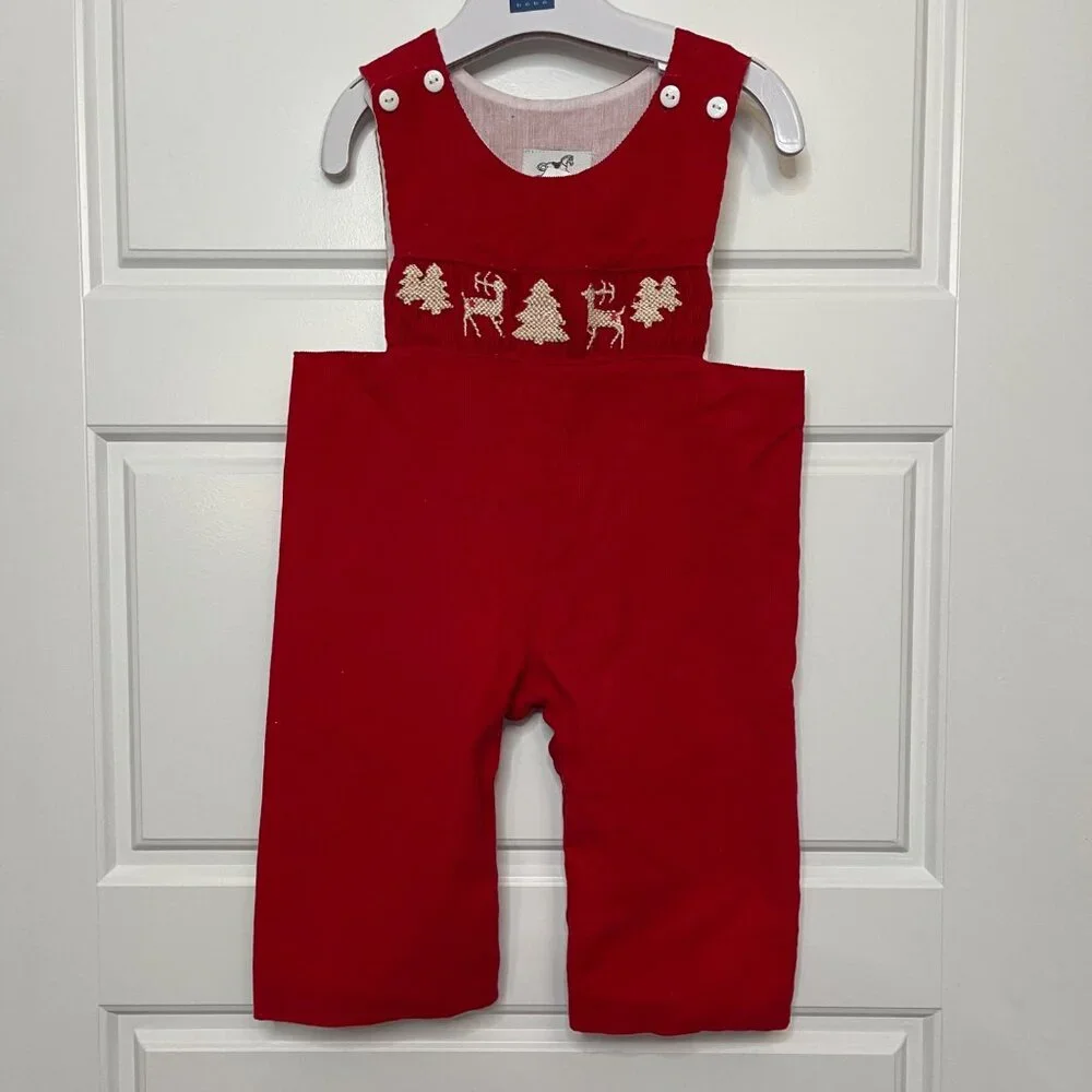 Proper Charlie Smocked‎ Reindeer Longalls Baby Boys 12M 100% Cotton Red Corduroy
